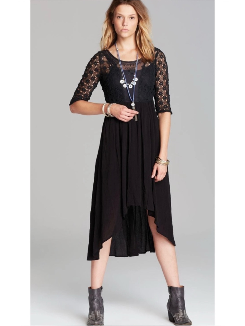 Free People Snap Out Of It Lonesome Dove Mixed Media Hi-Low Midi Dress